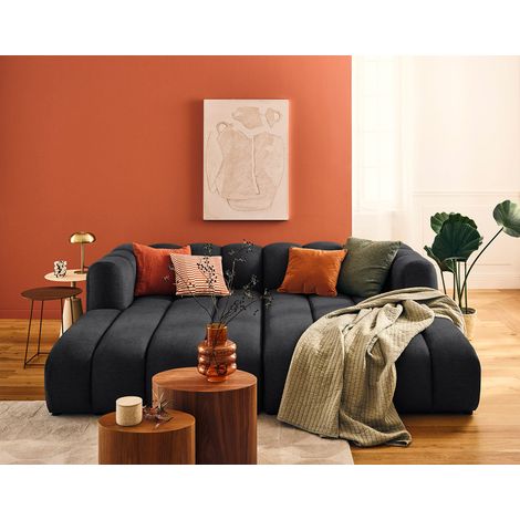 Debbie - modulares sofa gerade 3-sitzer mit doppeltem récamiere - tiefe sitzfläche - in texturiertem stoff - schwarz