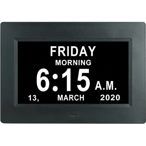 7-Zoll-LCD-Digitaluhr, Wecker für Senioren, elektronischer Kalender, Essenserinnerung – Schwarz