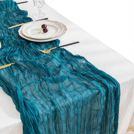 Chemin de table long en tissu, nappe semi-transparente pour décoration de table de mariage ou de réception, bleu et vert (1/5)