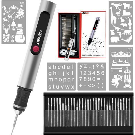 Engraving pen, the ultimate cordless handheld tool for artists and DIY enthusiasts. Engraves on over 50 surfaces. Suitable for beginners. Rechargeable. Includes 30 tips, a mastery guide, and stencils.