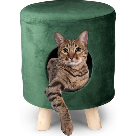 Sgabello con Cuccia per Gatti max 80kg Pouf in Velluto Verde 33x44cm Piedi Legno