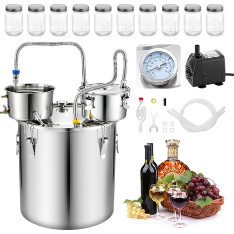VEVOR Kit de Destilador de Alcohol 50 L con 10 Frascos de Vidrio de 473 ml, Alambique con Accesorios, Con Termómetro de Doble Escala, Bomba de Agua, Para Elaborar Whisky, Vino, Brandy en Casa (1/5)