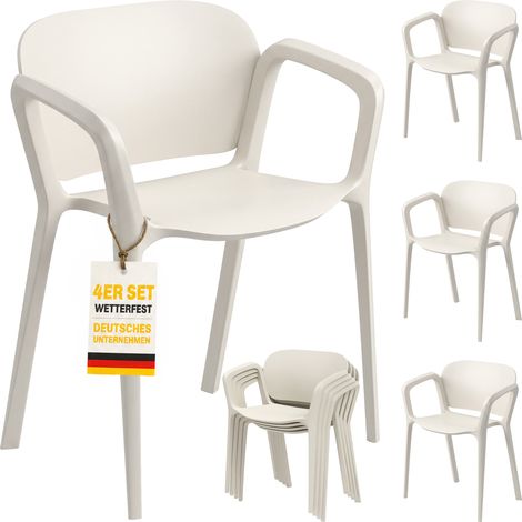 Mobliva Ensemble de 4 chaises de jardin en plastique résistant aux intempéries, empilables, avec accoudoirs et dossier, supportant une charge jusqu'à 120 kg. (1/5)