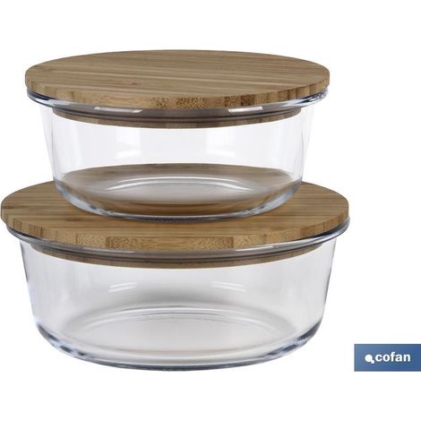 Set da 2 portapranzo rotondi di vetro borosilicato Modello Bambù Coperchio di bambù Capacità: 620-950 ml