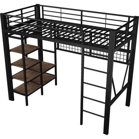 CAIziLit mezzanine 90x200 cm avec LED, étagère, penderie et rangement, noir