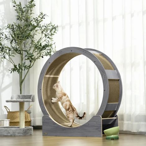 Laufrad für Katzen aus Holz mit Bremse und Kratzbaum – Grau (1/5)