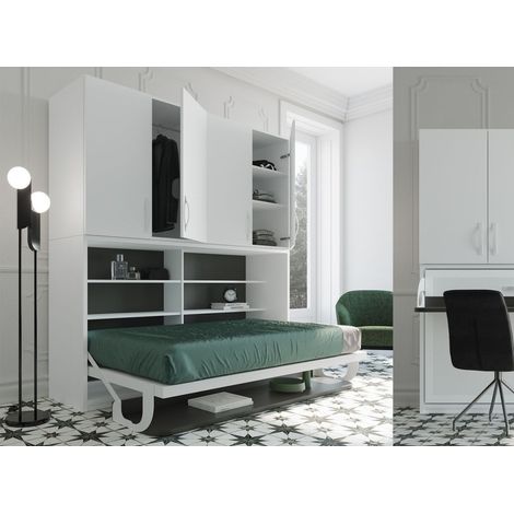 Les Tendances – Lit escamotable 90x190 cm – Blanc satiné – Avec étagères et bureau – Système de guides métalliques cachés – Garantie 10 ans (1/5)