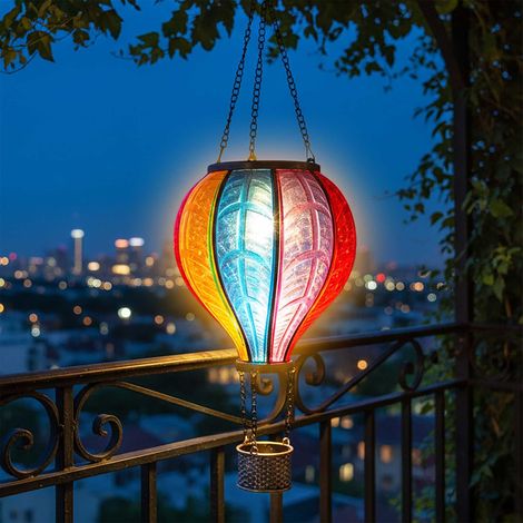 Solar LED Heißluftballon Lampe bunt zum Hängen - 62 cm - Garten Lichtspiel mit Flammen Effekt warm weiß