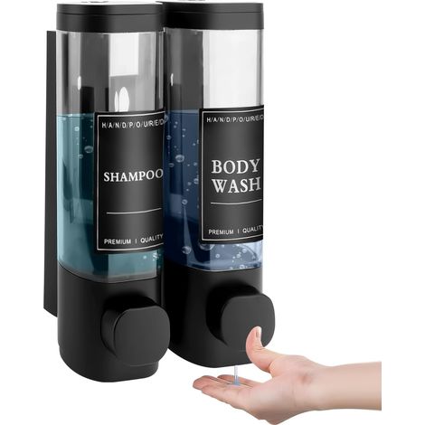 Distributeur de Savon Mural, Distributeur Gel Douche, Distributeur Double de Shampoing et Après-shampoing sans Perçage ABS pour Salle de Bain Cuisine Marché Hôtel Restaurant 300ML2(Noir) (1/5)