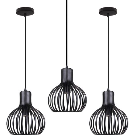 Vintage Pendant Light Fixture Spiral Industial Ø20cm Hollow Cage Chanderlier Minimalist Metal Lampshade Hanging Ceiling Lamp for Kitchen Island Black - 3 Single Pack