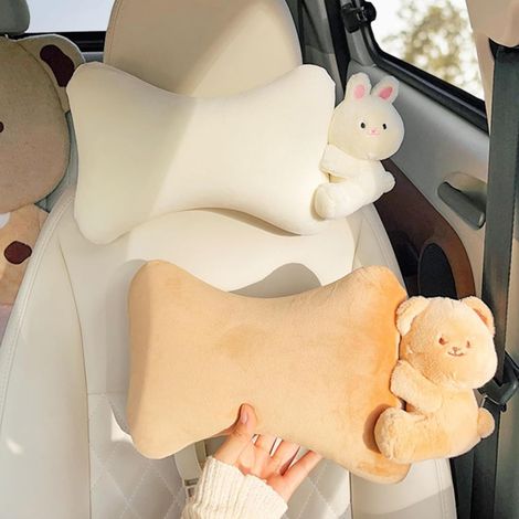 2-teiliges Plüsch-Kopfstützenkissen fürs Auto: Bär & Hase – Nackenstützkissen aus Memory-Schaum für komfortables Fahren (1/5)