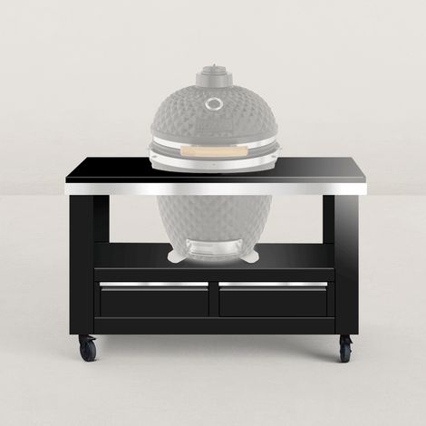 Chariot à plancha en métal XL 130 x 80 cm – 2 tiroirs de rangement – Grande poignée inox – Pour espaces extérieurs