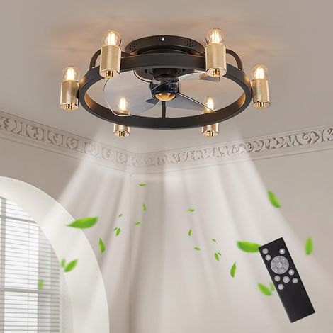 Ventilateur Plafond Industriel Rétro avec Télécommande, Doré Plafonnier Ventilateur Rétro E27, Silencieux Réversible à 6 Vitesses et 3 Lames pour Chambre, Salon et Salle à Manger (1/5)