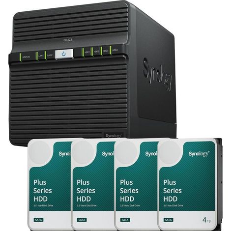 Carcasa de servidor NAS Synology DiskStation DS423 de 4 bahías + 4 discos duros Synology Plus SATA de 3,5" y 6 Gb/s de 4 TB