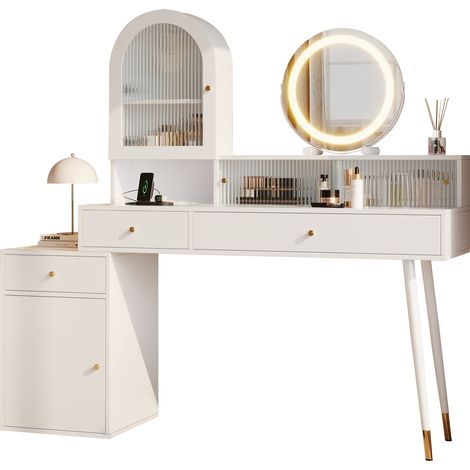 Coiffeuse avec Miroir LED Table de Maquillage Blanche en L Ajustable avec Prises USB Type-C et Rangements (1/5)