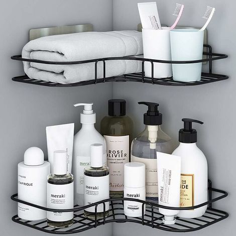 Lot de 2 étagères d'angle de Salle de Bain avec Autocollant adhésif en Acier Inoxydable antirouille pour Accessoires de Cuisine et de Salle de Bain - Comprend 8 Autocollants adhésifs (Noir) (1/5)