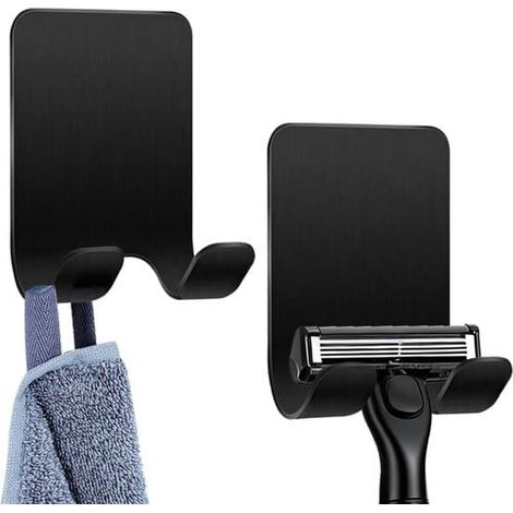 Porte-rasoirs de douche (2 pièces), noir, acier inoxydable, crochets auto-adhésifs, convient pour porte, mur, salle de bain, bureau, sans perçage (1/2)