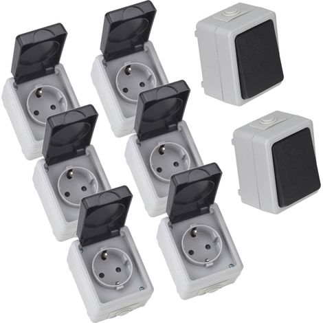 Feuchtraum Starter Set 8tlg. Wechselschalter Steckdose Serie TAFF Aufputz IP44 grau (1/5)