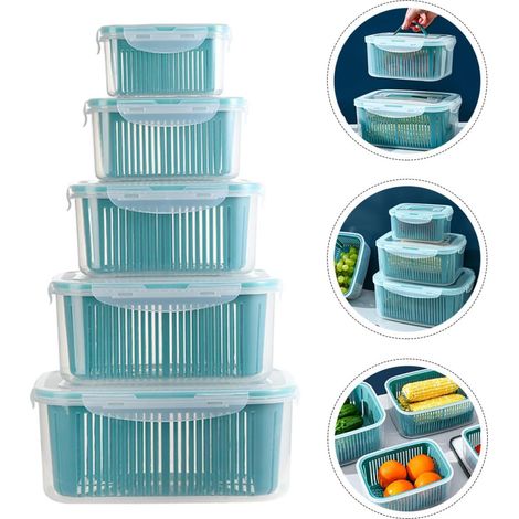5er-Set Kühlschrank-Aufbewahrungsboxen, mikrowellen- und spülmaschinenfeste Frischhaltebehälter mit Sieb, Aufbewahrungsbehälter für Salat, Gemüse, Obst und Käse (1/5)