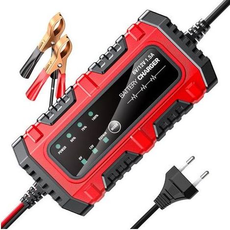 Mainteneur/Désulfatateur de Batterie Intelligent 6V/12V 1.5A - avec Réparation par Impulsions, pour AGM/GEL/SLA, Prise UE (Rouge)