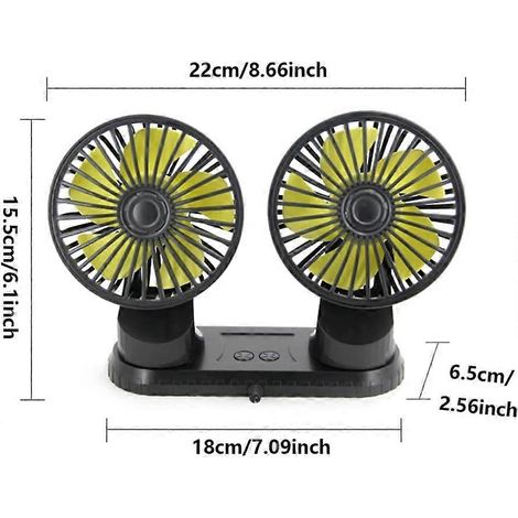 Ventilateur de voiture double tête Riloer alimenté par USB, tableau de bord rotatif multi-angles, trois vitesses, accessoires de ventilation estivale, ventilateur de voiture en ABS, noir et jaune (1/4)