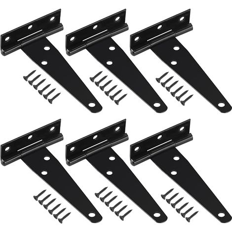 Lot de 6 Charnières en T avec Vis de Montage, Robuste Charnière de Portes pour Portes de Grange Portail en Bois et Fenêtre, Noir (1/5)