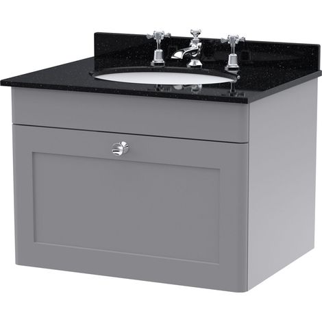 Swynnerton Traditional 1 Drawer Wall Hung Vanity Unit with Marble Basin, Satin Grey, 600mm