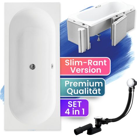 Badewanne Rechteck 180x80  mit Styroporverkleidung (Ablage 4cm), Ablauf & Füße GRATIS - Komplettset 4in1 Original Acryl Wanne - BADLAND VITAE SLIM (1/5)