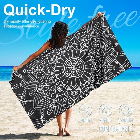 Serviette de plage et de piscine extra large en microfibre à séchage rapide anti sable motif floral noir 180 x 90 cm pour plage voyage yoga sport et camping (1/3)