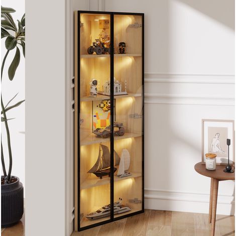 Vitrina esquinera 62x35x160 cm roble MDF con vidrio templado y LED integrada (1/5)