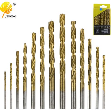Jeu de 13 forets hélicoïdaux, forets hélicoïdaux à tige ronde en acier rapide plaqué titane, pointes de foret hélicoïdal de 1,5 mm à 6,5 mm. (1/5)