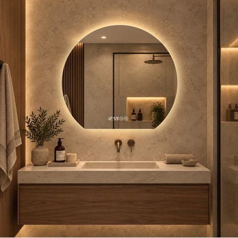 MODFU – Specchio da parete LED in vetro e metallo con dimmer, antiappannamento, ora e temperatura, 3 colori e IP44 – Argentato (1/5)