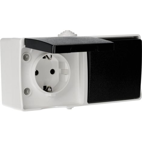 Enchufe Schuko + Interruptor 2 circuitos Superficie Alta resistencia IP54