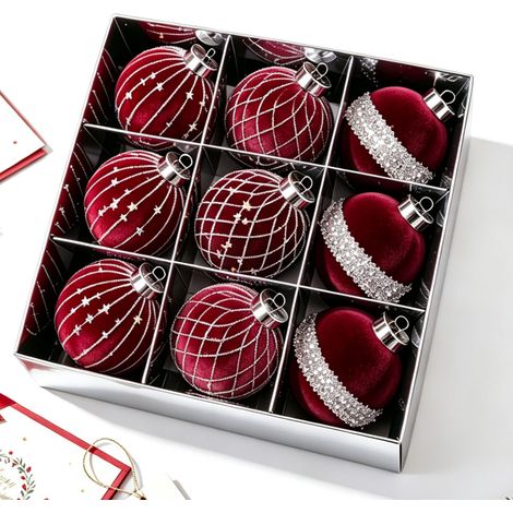 Lot de 9 boules de Noël flockées 8 cm bordeaux, ornements suspendus pour sapin de Noël (1/4)