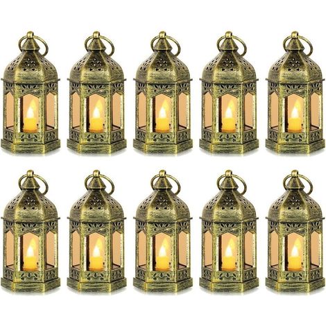 Lanternes LED Miniatures Extérieur Lot de 10, Bougies Décoratives Dorées avec Piles, Décoration de Table pour Halloween Mariage Noël