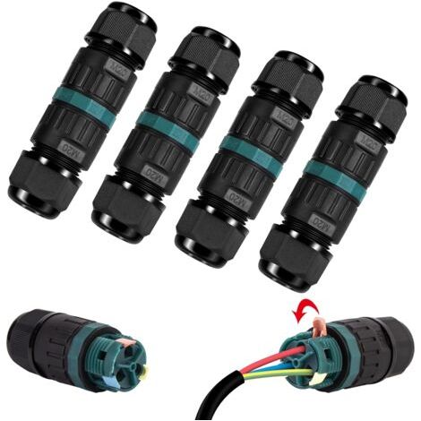Set mit 4 wasserdichten elektrischen IP68-Steckern – 3-poliger Stecker für Kabel mit Ø5–12 mm Durchmesser, Outdoor-Anschlussdose für Garten und Erde