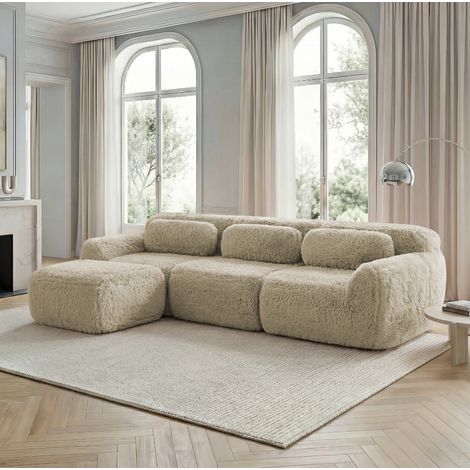 Modulares Sofa L-Form rahmenlos aus Plüsch Hellkhaki OKMYHOME (1/5)