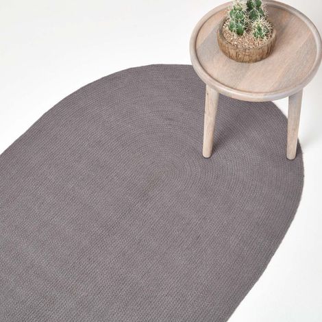 HOMESCAPES Grey Handmade Woven Braided Oval Rug, 110 x 170 cm