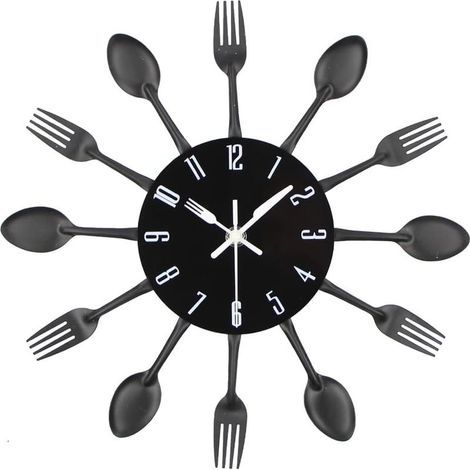 Küchenuhr mit Spiegeleffekt, inklusive Löffel, Gabel und abnehmbarem 3D-Aufkleber zur Dekoration, 30 x 30 x 4 cm, schwarz (1/5)