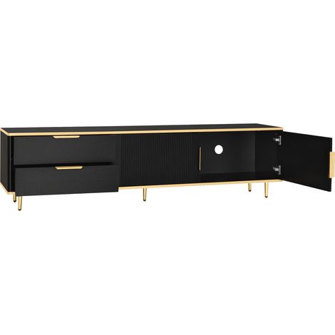 Meuble TV lowboard en MDF noir et doré avec poignées sculptées, 170x45x37 cm (1/5)