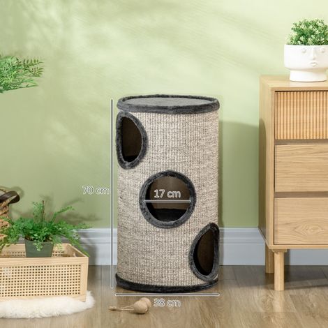 Tonne à gratter 3 niveaux pour chat, avec poteau en corde de sisal, griffoir gris, dimensions 38x38x70 cm, espace de jeu et repos inclus (1/5)