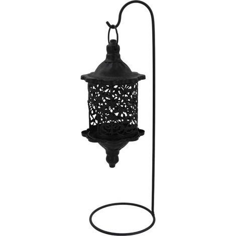 Farol europeo de metal con forma de jaula para pájaros, ornamentado y con acabado negro.