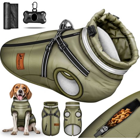 TRESKO® Hundejacke Grün / Größe 3XL Winter mit Reflektoren inkl. 15 Stück Kotbeutel + Spender Hunderegenmantel wasserdicht Hundemantel inkl. Geschirr Hunde Winterweste gefüttert