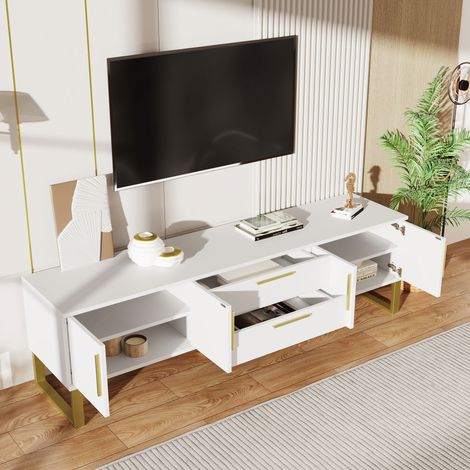 Mobile TV con 4 Ante e 2 Cassetti, Fori Passacavi, Finitura Lucida, per Soggiorno, MDF, Bianco, 170 x 40 x 53.5 cm (1/5)