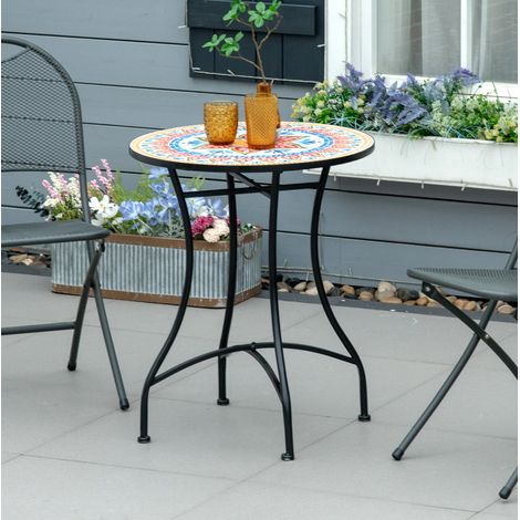 Table de jardin en métal rouge ronde avec plateau mosaïque en céramique, style bistrot (1/5)