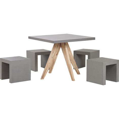 Conjunto de comedor para jardín de cemento reforzado gris con patas de madera de acacia para 4 personas mesa cuadrada con 4 taburetes Olbia/Taranto (1/5)