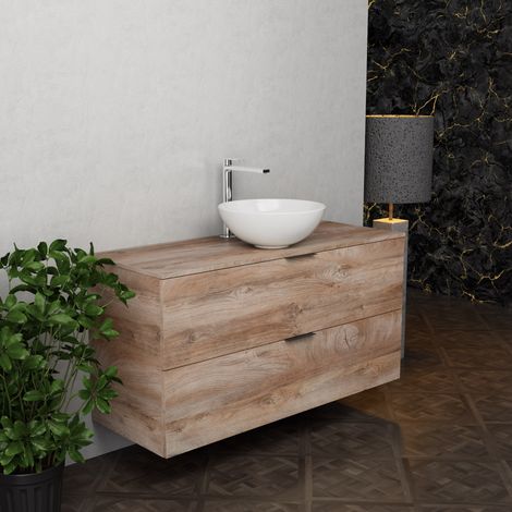 Inda - Badezimmerschrank B.120 mit Aufsatzwaschbecken / Natureiche 2 Schubladen - Topazio (1/5)