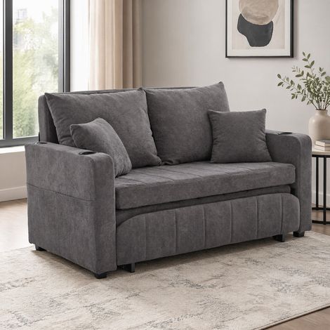 Sofá cama convertible de chenilla gris con bolsillos OKMYHOME (1/5)