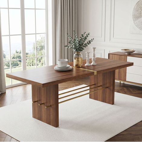 Tavolo da pranzo 180x75 cm per 6-8 persone, piano spesso 4 cm, struttura stabile, finitura in MDF color noce e oro (1/5)
