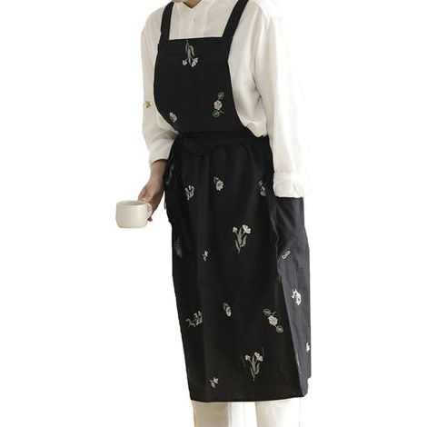 Tablier imperméable en coton et lin – Noir – Brodé – Style japonais, pour pâtisserie et café (1/5)